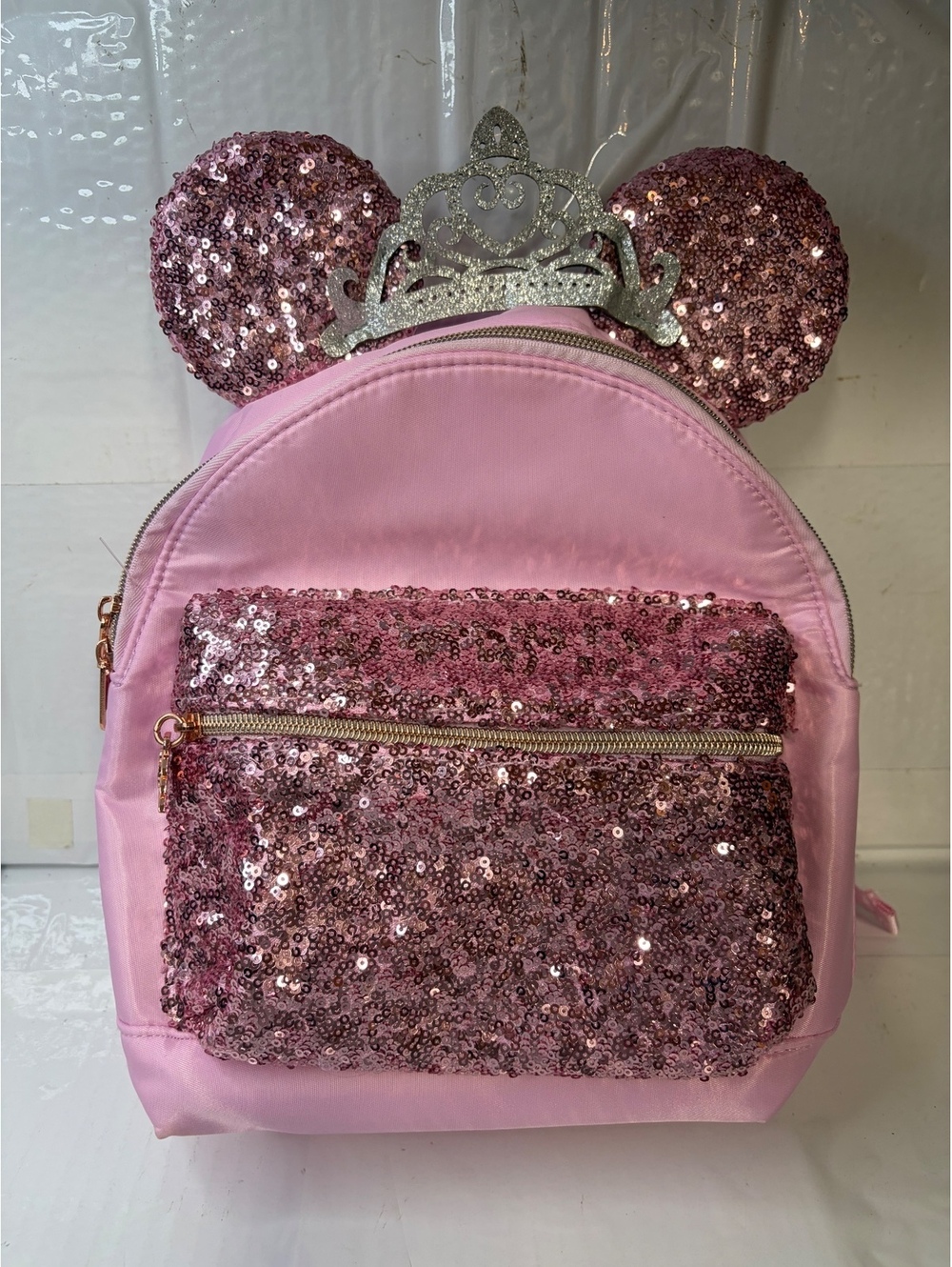 Disney Bibbidi Bobbidi Boutique Pink Sequin Minnie Ears Princess Backpack Tiara